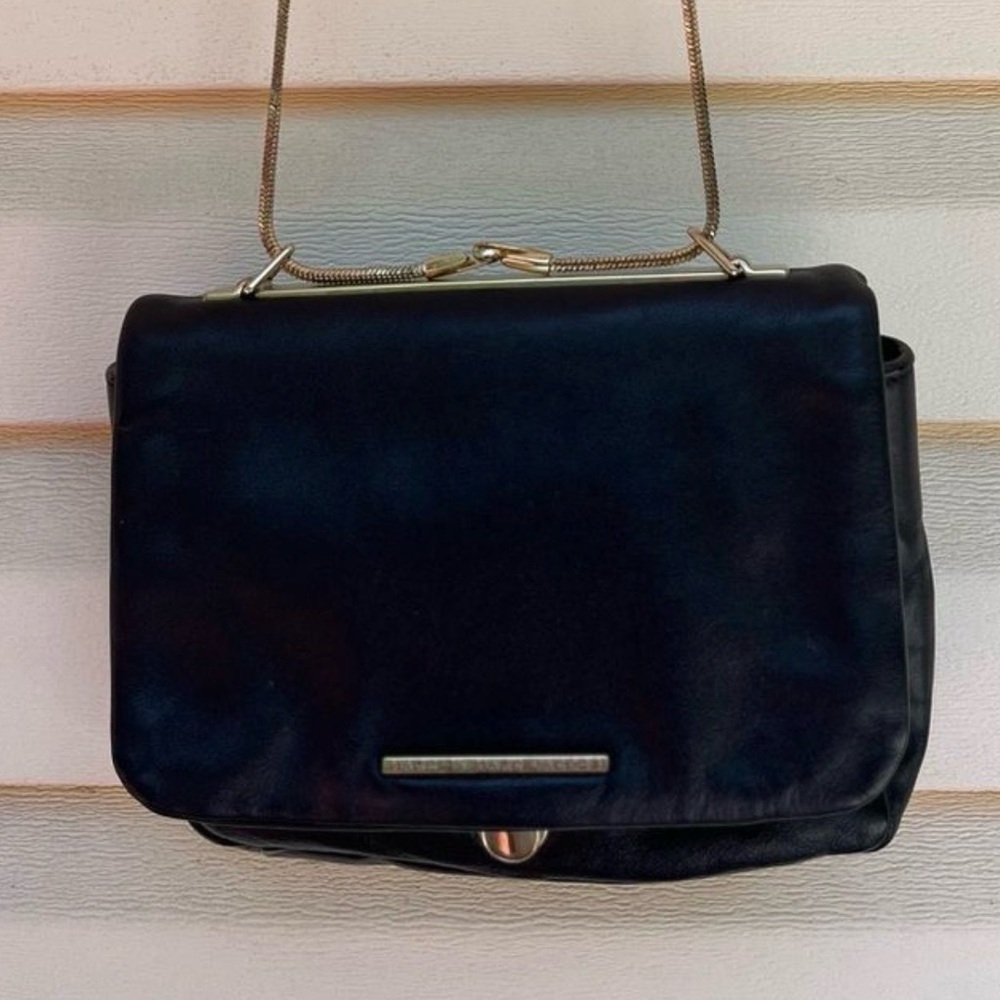Mark by Mark Jakobs black purse, golden chain and latch, logo, about 8x6x2 in